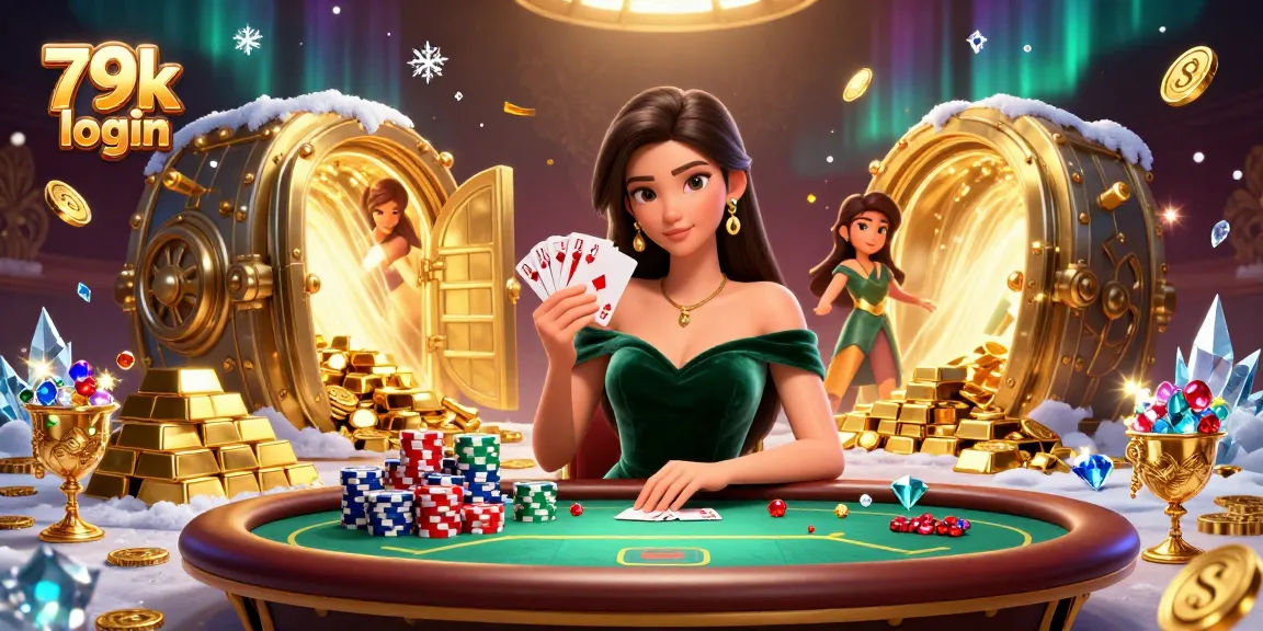 Experience the thrill of gaming with a stunning 79k login visual featuring card play and glittering casino elements.