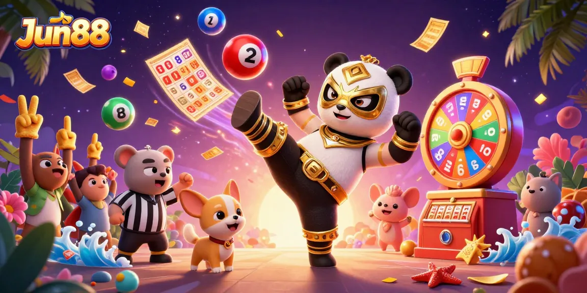 Engaging scene of Jun88 with vibrant casino elements including a flying kick by a panda wrestler.