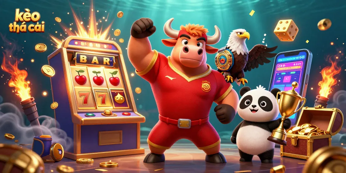 Engage with kèo nhà cái through this vibrant 3D casino illustration showcasing a winning bull mascot, eagle, and panda amidst dynamic gaming elements.