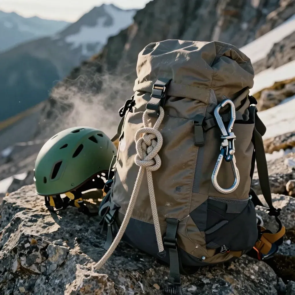 Nó de alpinista em corda grossa ao lado de arnês e forro de capacete, com névoa de montanha.