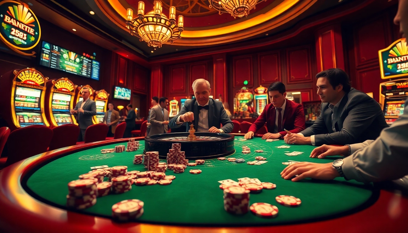 Experience the excitement of keonhacai 5 gambling with a vibrant casino scene featuring poker tables, roulette, and slot machines.