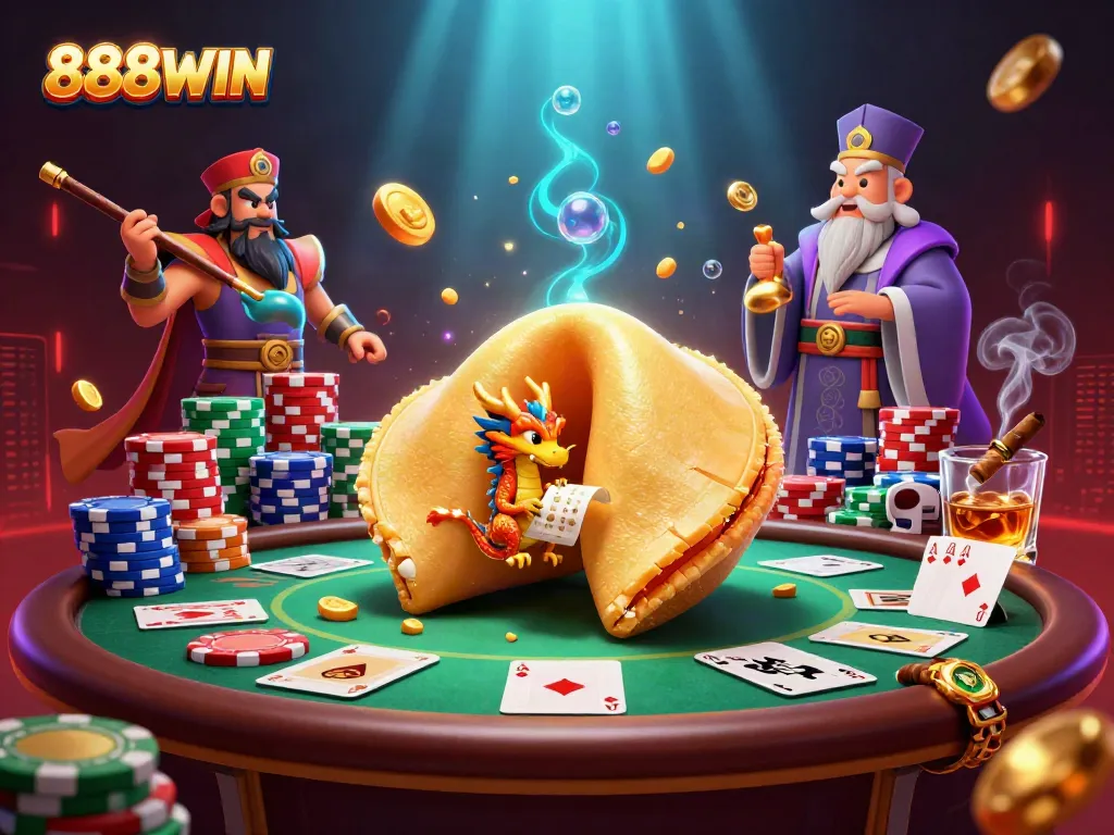 Experience thrilling moments with 888WIN as fortune cookies and poker elements blend in a vibrant casino illustration.