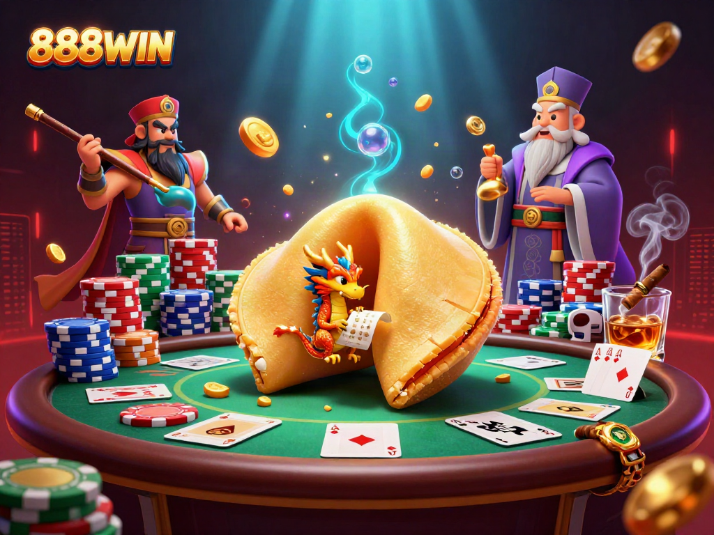 Experience thrilling moments with 888WIN as fortune cookies and poker elements blend in a vibrant casino illustration.