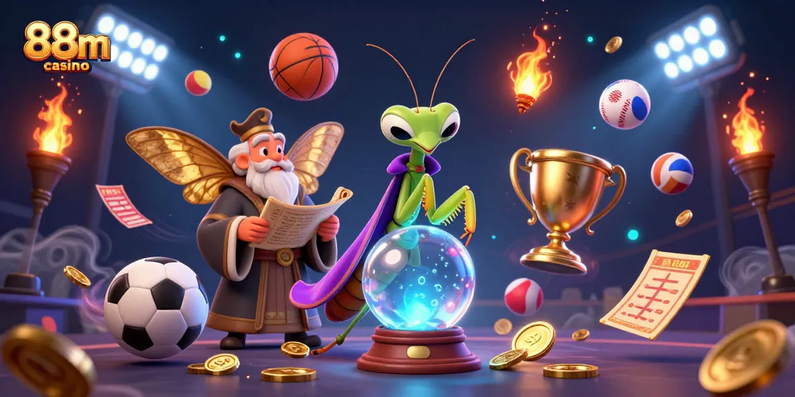Win at 88m casino with a vibrant illustration of sports betting and chance games.