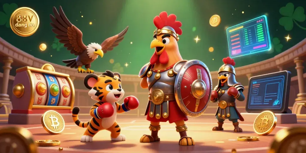 Engage with the exciting scene of 88VV đăng nhập featuring a Roman centurion rooster and gambling elements in a dynamic colosseum.