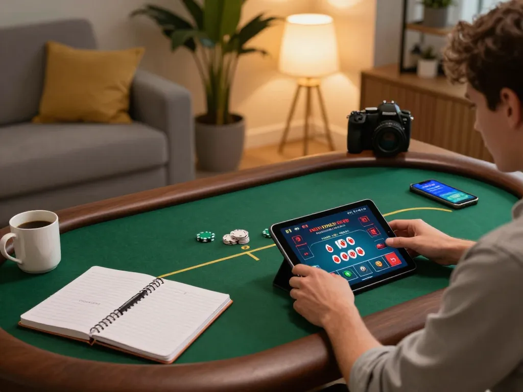 A player enjoying poker on their tablet at home, showcasing the 22ff gaming experience with strategic elements