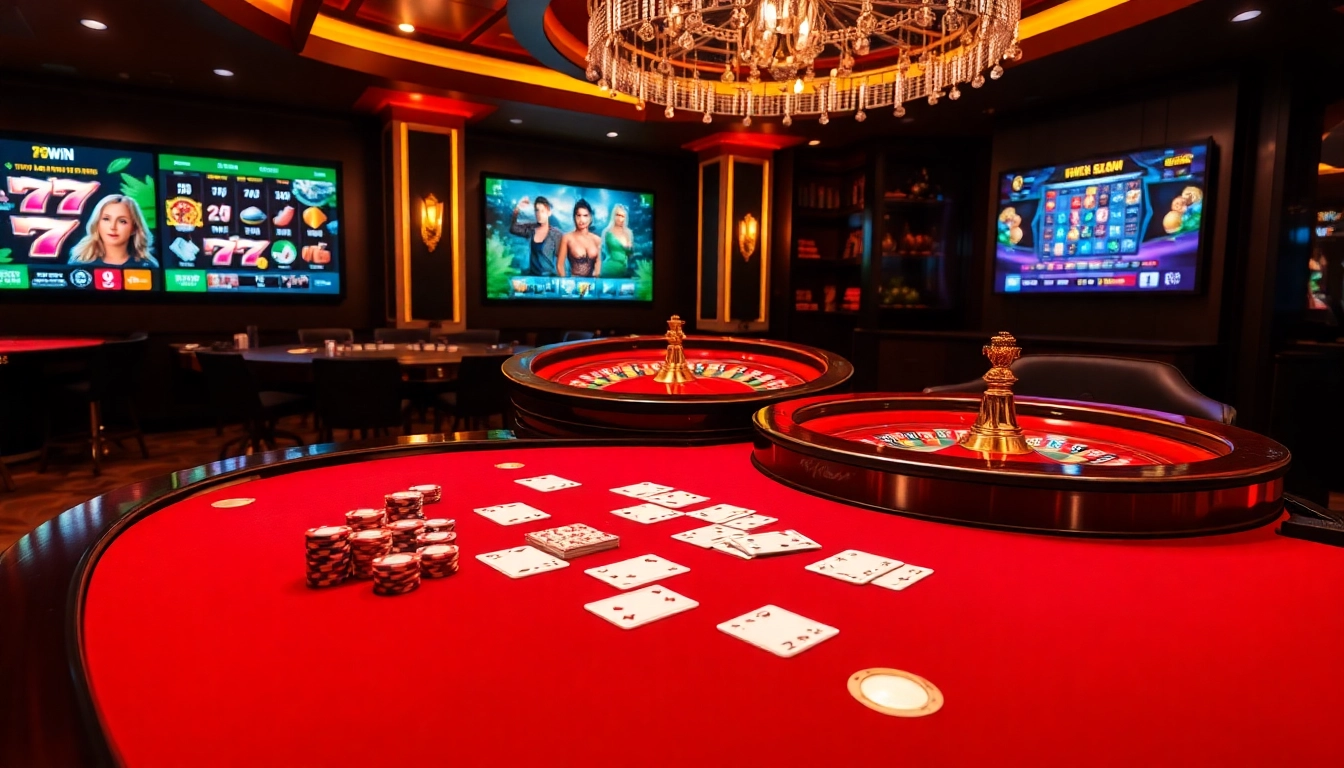 Experience the thrill of online gaming at 78win with a vibrant casino setup featuring poker chips and cards.