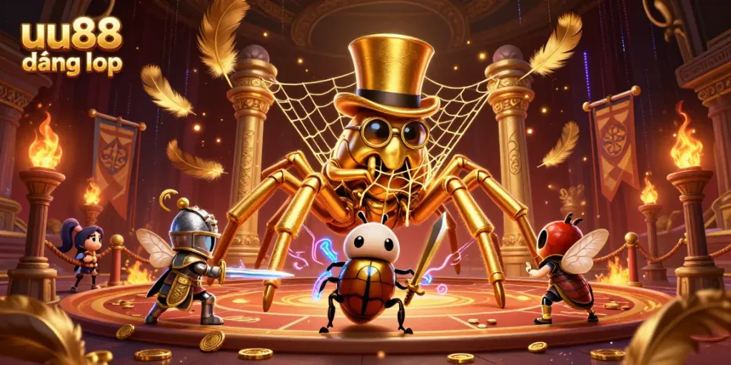 Experience thrilling gameplay with uu88 đăng nhập as a golden tarantula and beetle knight engage in a vibrant casino scene.