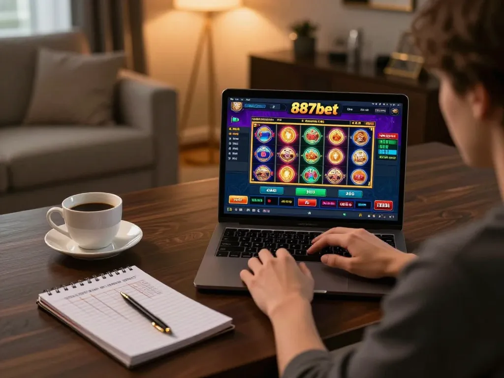 Aproveitando o jogo online em casa com a 887bet, apresentando uma configuração estilosa e estratégias de apostas.