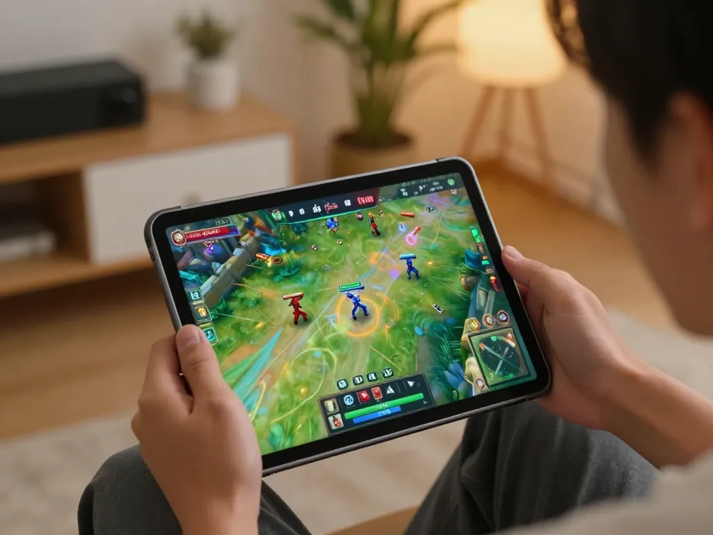 Engaging in đá gà thomo live match on a tablet, vibrant home gaming setup.