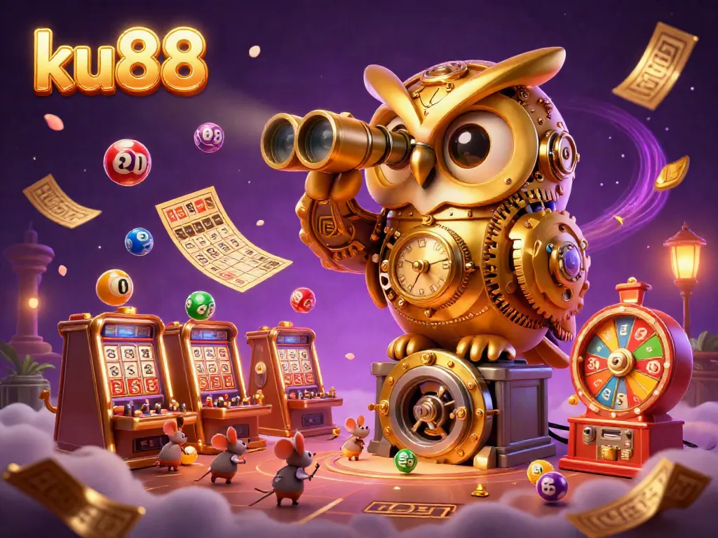 Experience ku88's vibrant casino atmosphere with a golden owl and energetic lottery elements.