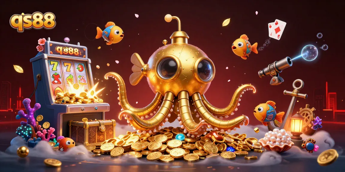 Experience the thrill of qs88 with this vibrant casino-themed 3D illustration featuring golden treasures and dynamic gameplay elements.