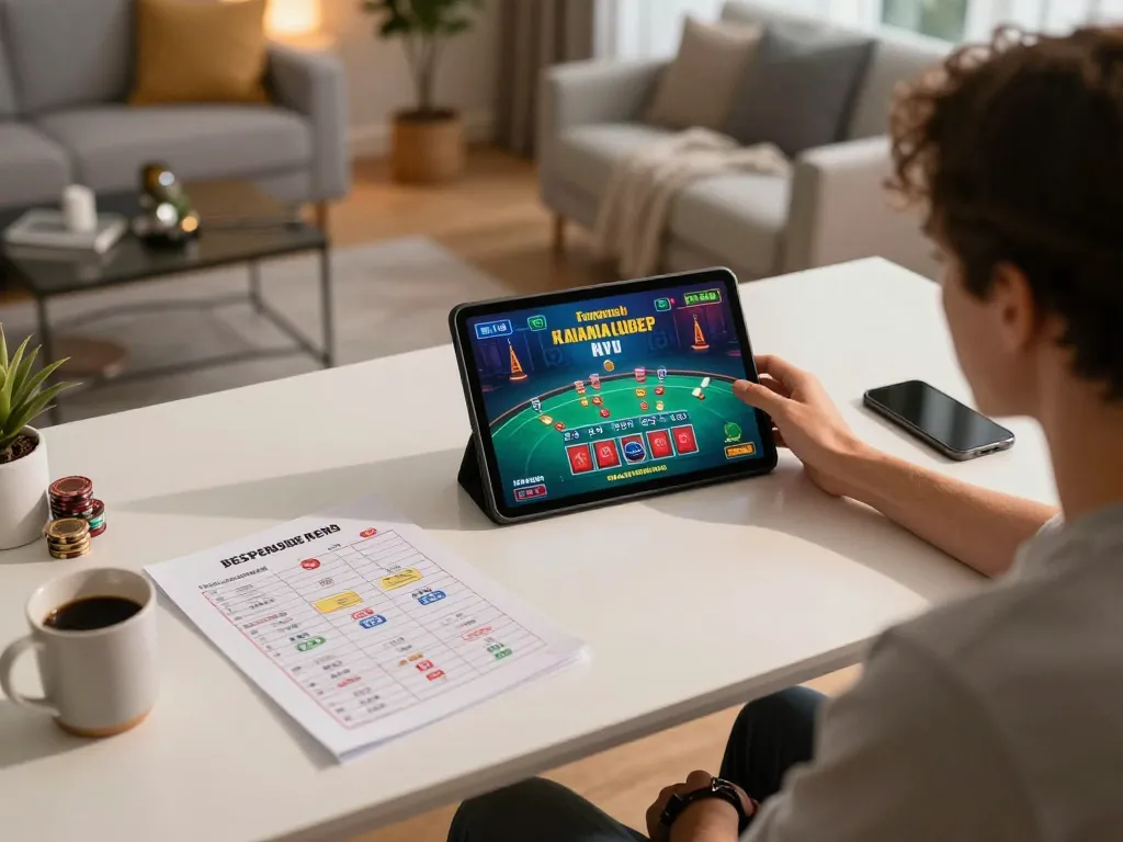 Engaged user playing live dealer games on 399w tablet in a cozy home setup, emphasizing strategic gambling experience.