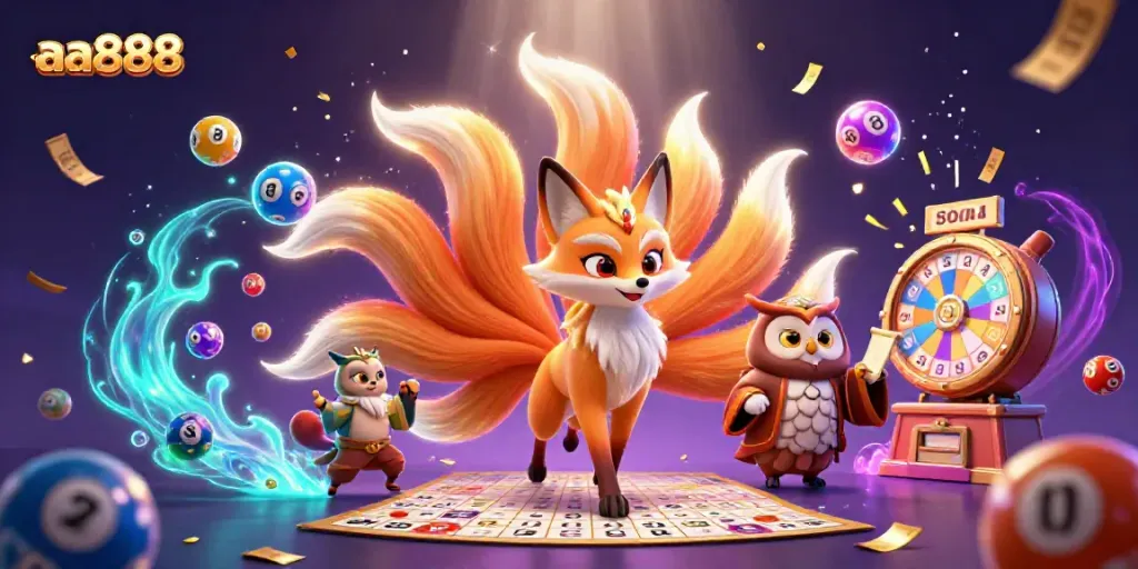 Experience winning moments at aa888 with vibrant casino visuals featuring a mystical fox and owl.