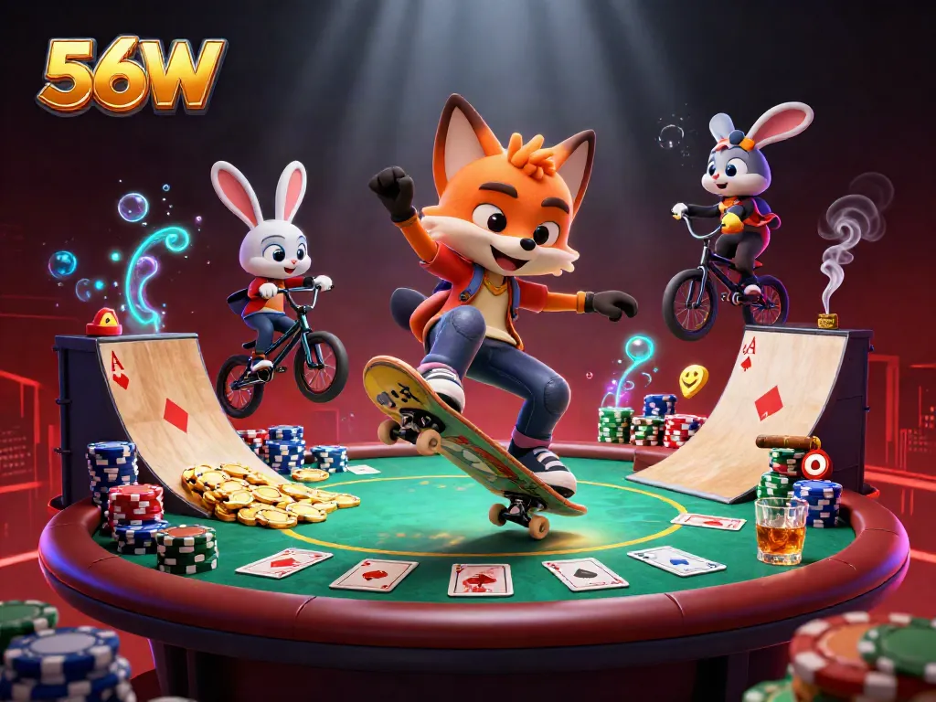Engaging action scene showcasing 56W characters in a dynamic casino atmosphere with poker gameplay elements.