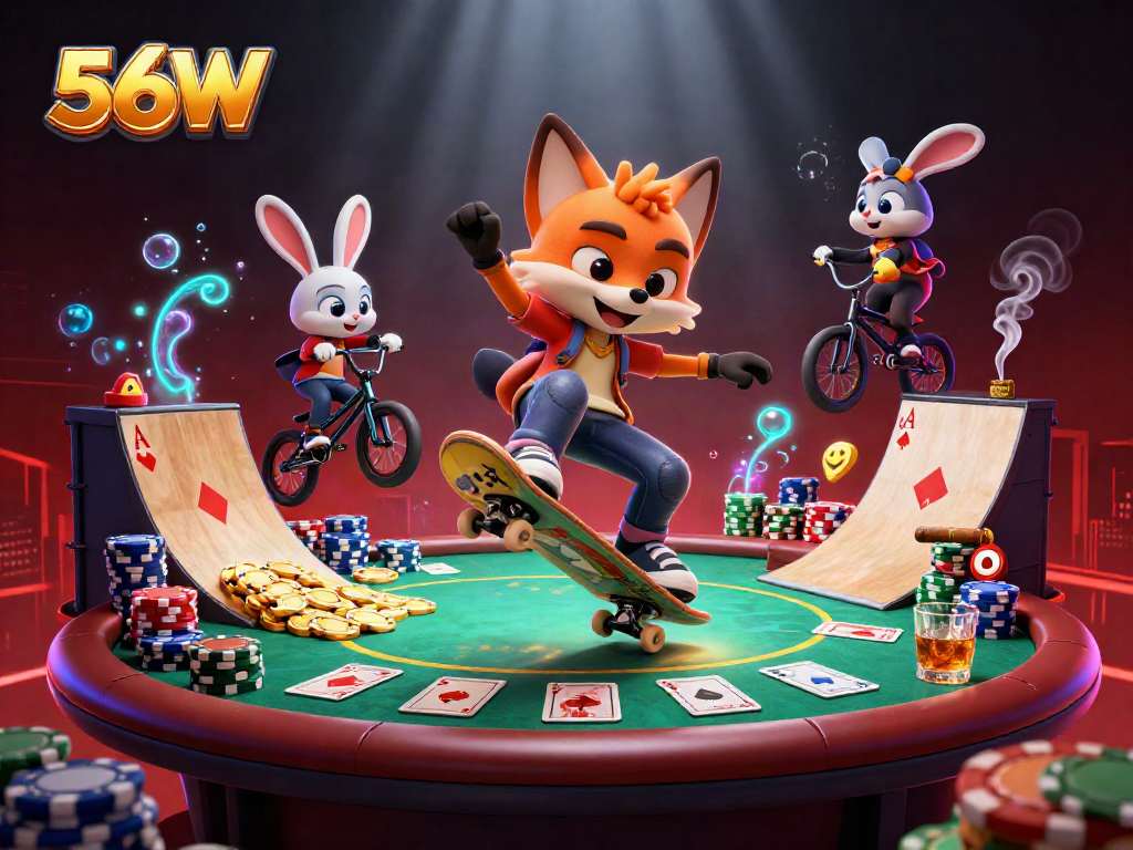 Engaging action scene showcasing 56W characters in a dynamic casino atmosphere with poker gameplay elements.