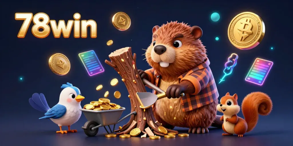 Experience the excitement of 78win with golden coins raining down from a tree in this vibrant 3D illustration.