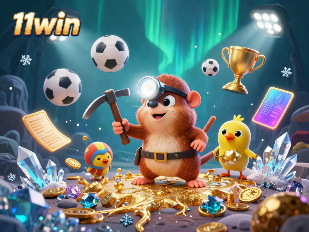 Engage with 11win's vibrant gaming scene, featuring a treasure hunter mole and dynamic sports elements.