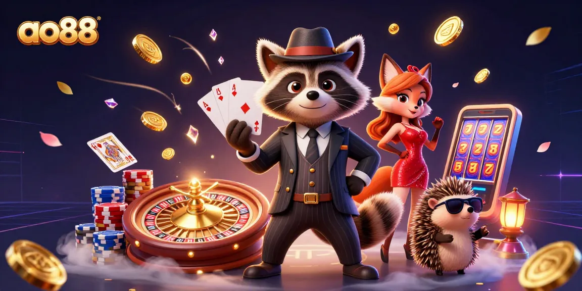 Experience the thrill of AO88 with a suave raccoon, a fox in sequins, and a hedgehog amidst casino games.