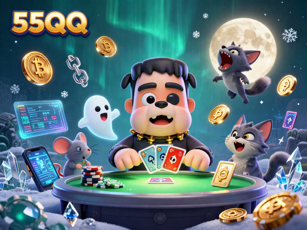 Engage in thrilling games with 55QQ at a lively casino table with unique characters and crypto elements