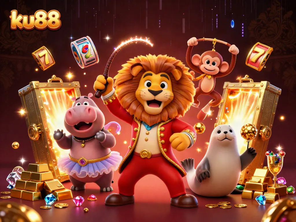 Experience thrilling gameplay at ku88 with vibrant 3D circus characters and dazzling casino elements.