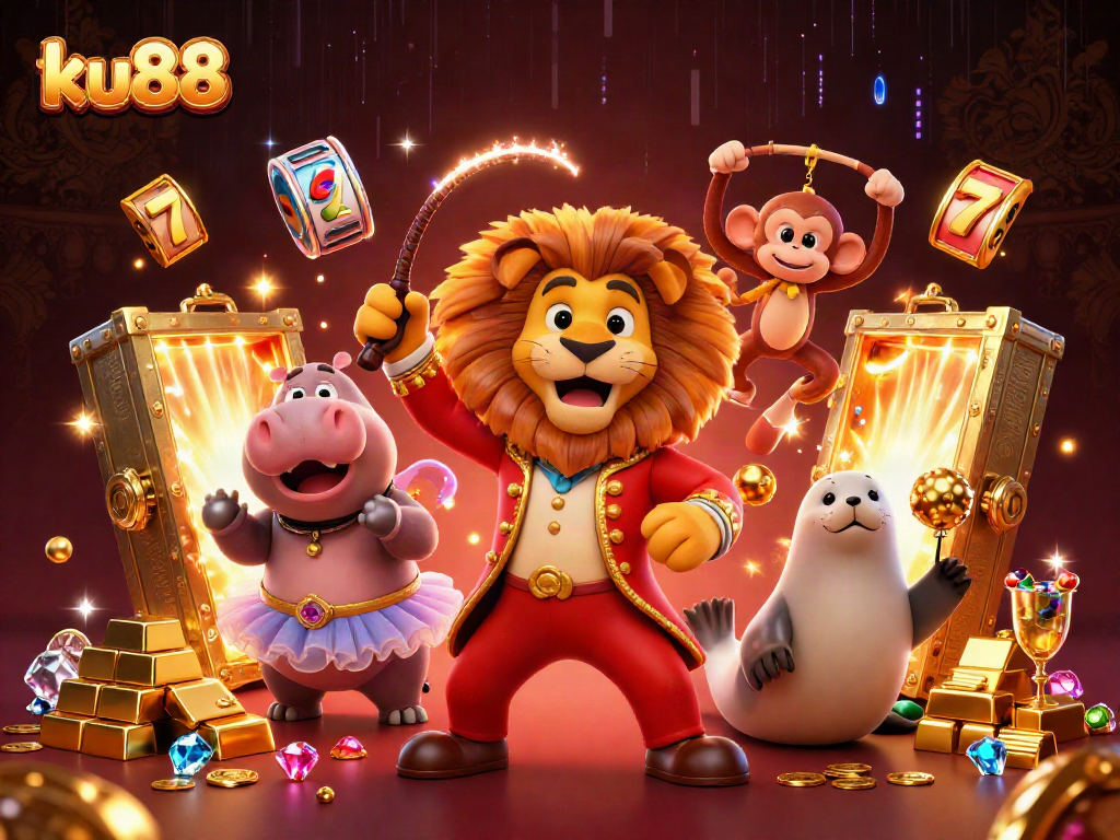 Experience thrilling gameplay at ku88 with vibrant 3D circus characters and dazzling casino elements.