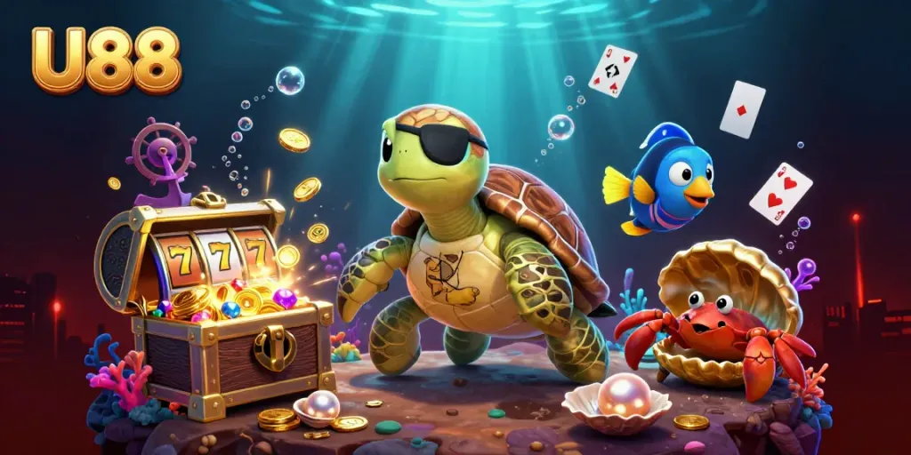 Experience U88's thrilling underwater adventure with a pirate turtle and treasure amidst lively casino elements.