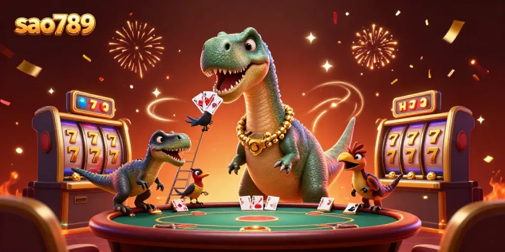 Experience the thrilling world of sao789 with a dynamic casino scene featuring a brontosaurus, a clever raptor, and lively gaming elements.