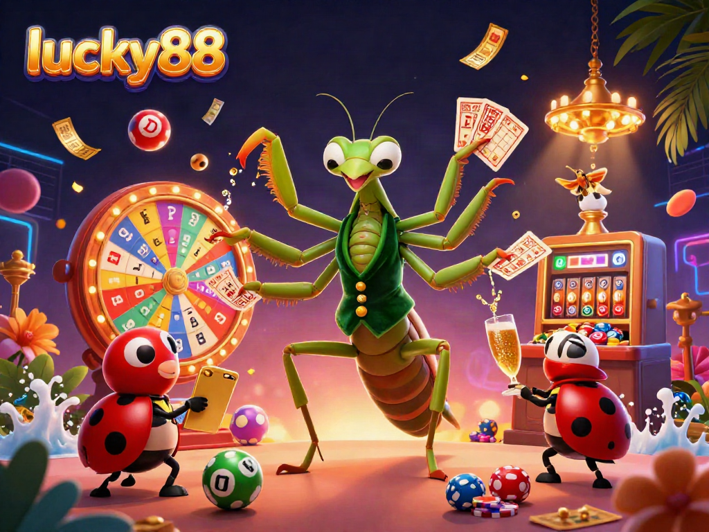Experience exciting moments at lucky88 with vibrant characters, colorful lottery elements, and dynamic casino gaming atmosphere.