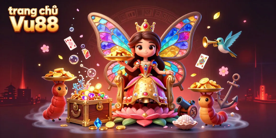 Experience the vibrant world of trang chủ Vu88, featuring a butterfly queen and dynamic game elements.
