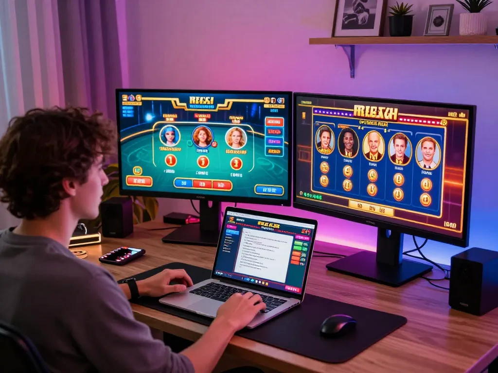 Um jogador desfrutando de jogos online no AQ777, exibindo múltiplos jogos de cassino na tela em um escritório em casa elegante.