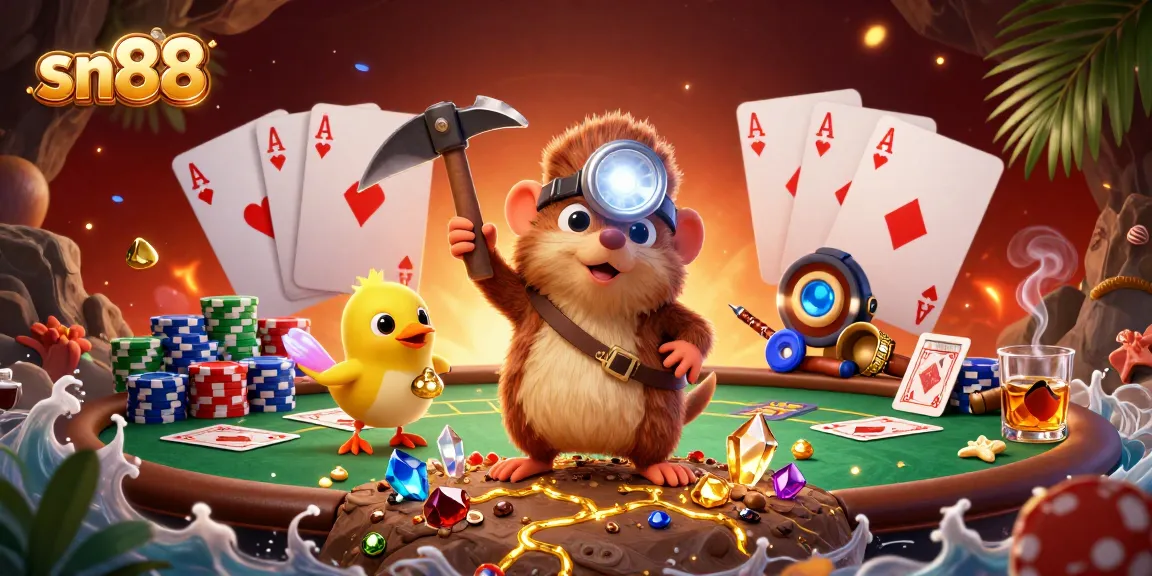 Experience exciting gameplay at sn88, illustrated with a vibrant treasure hunter theme, showcasing poker elements.