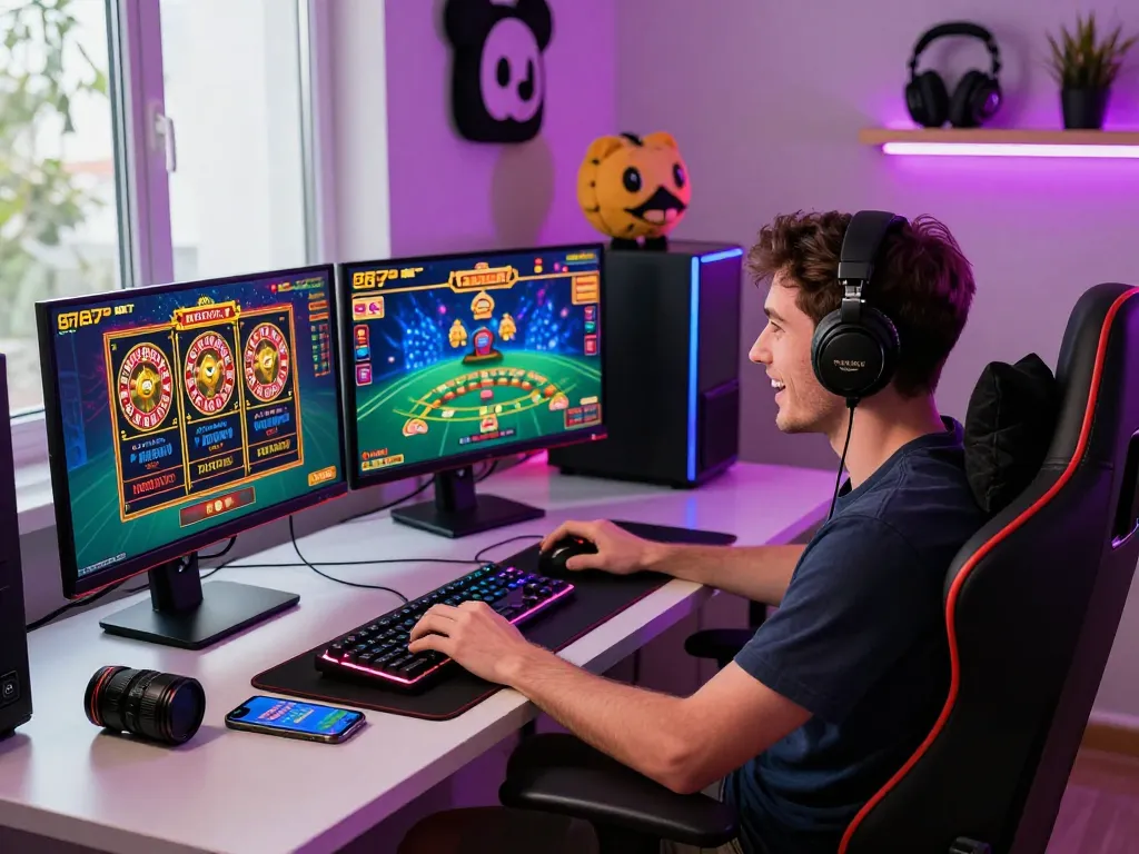 Engaged gamer enjoying casino games on multiple screens at 887bet.