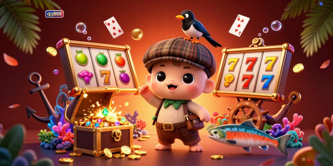 Gire e ganhe muito com qq888 nesta vibrante cena de cassino 3D, apresentando tesouros e personagens divertidos.