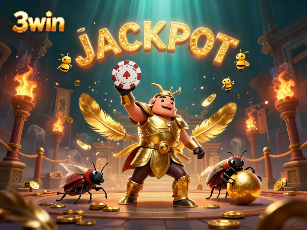3win jackpot celebration with a victorious beetle in golden armor lifting a poker chip.