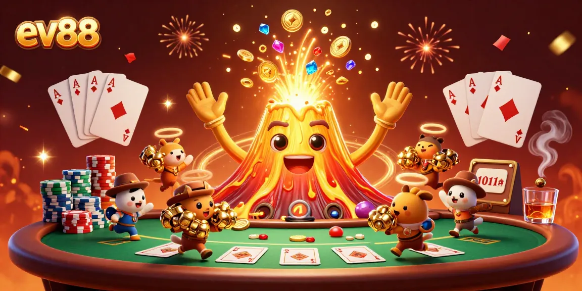 Experience thrilling gaming opportunities at ev88 with a vivid illustration of a volcanic eruption showering treasures.