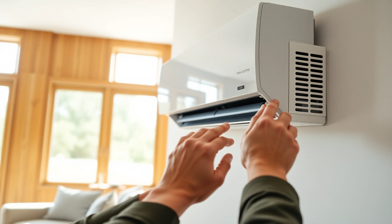 Install a mini split AC while enhancing a modern living room's ambiance.