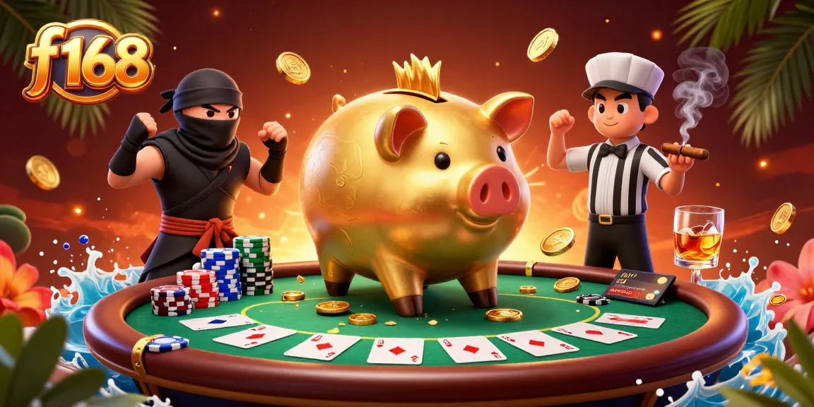 Experience f 168 thrilling action with the golden piggy bank sumo wrestler at an exciting poker table.