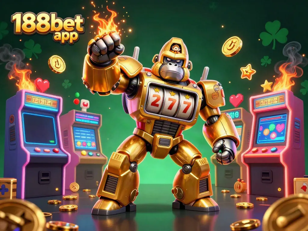 Experience exciting gameplay with the 188bet app featuring a golden gorilla mech and slot machine elements.