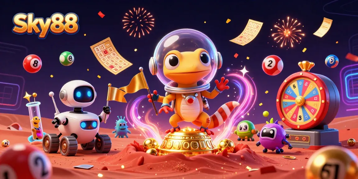 Experience Sky88's thrilling casino adventure with Martian gecko and lottery excitement.