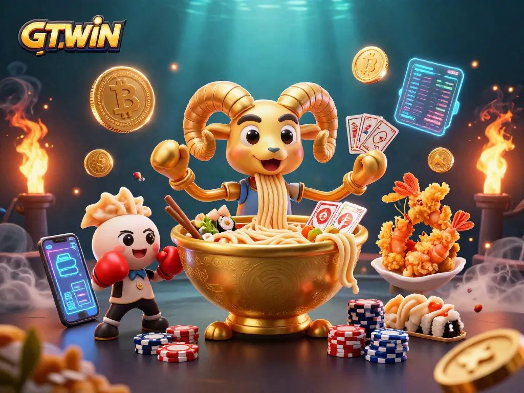 Engage with GTWIN's vibrant casino scene featuring dynamic characters and crypto elements.