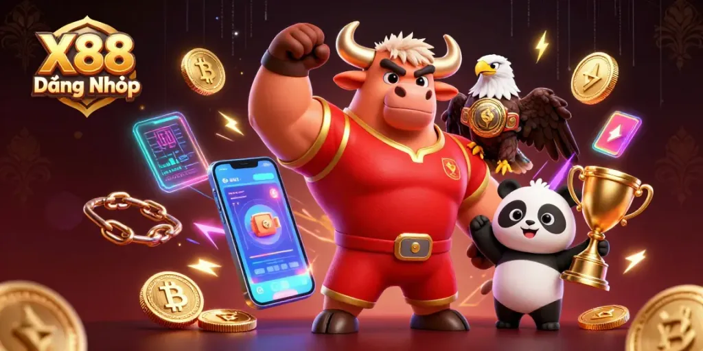 X88 Đăng Nhập features a victorious cartoon bull, eagle, and panda in a vibrant casino scene.