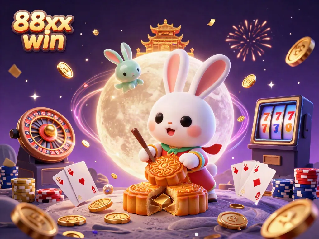 Experience the excitement of 88xx win with a magical scene of a moon rabbit surrounded by casino elements.