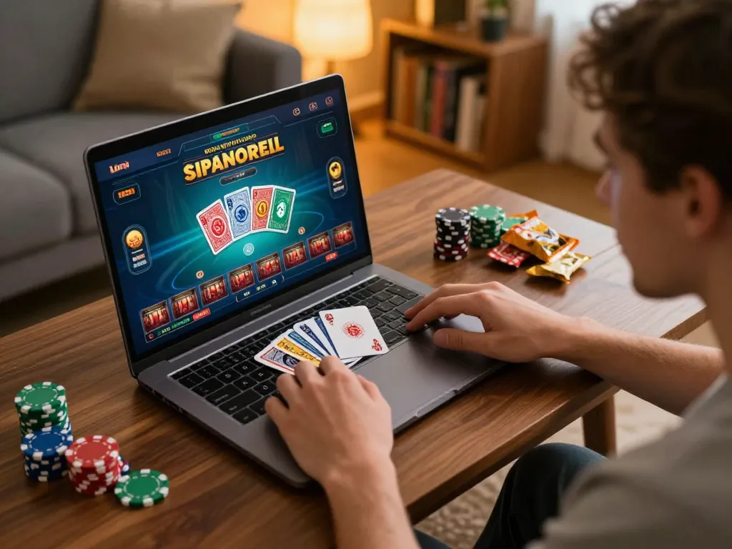 Engaging in online poker gameplay on CK444 from a cozy home setup, showcasing a strategic approach to responsible gambling.