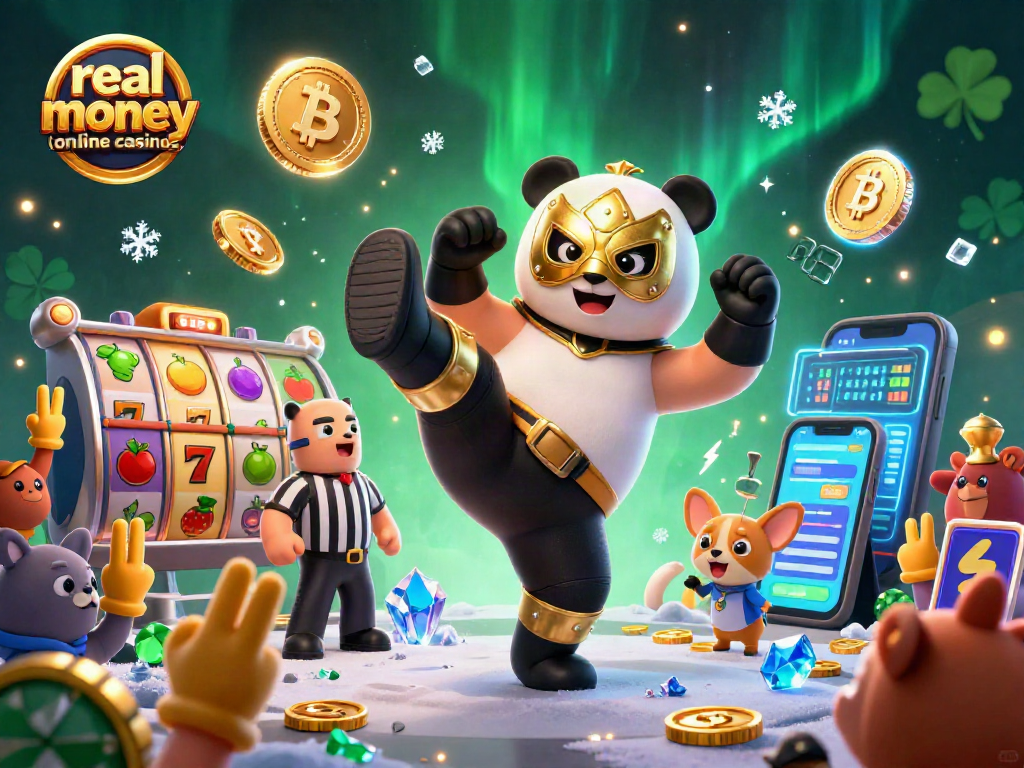 Experience the excitement of real money online casinos with a flying panda and energetic crowd.