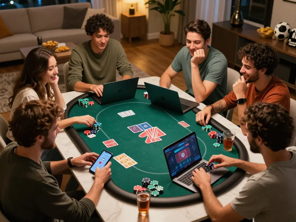 Jogadores de HH55 estrategizando em um animado jogo de poker em casa, demonstrando espírito competitivo e camaradagem