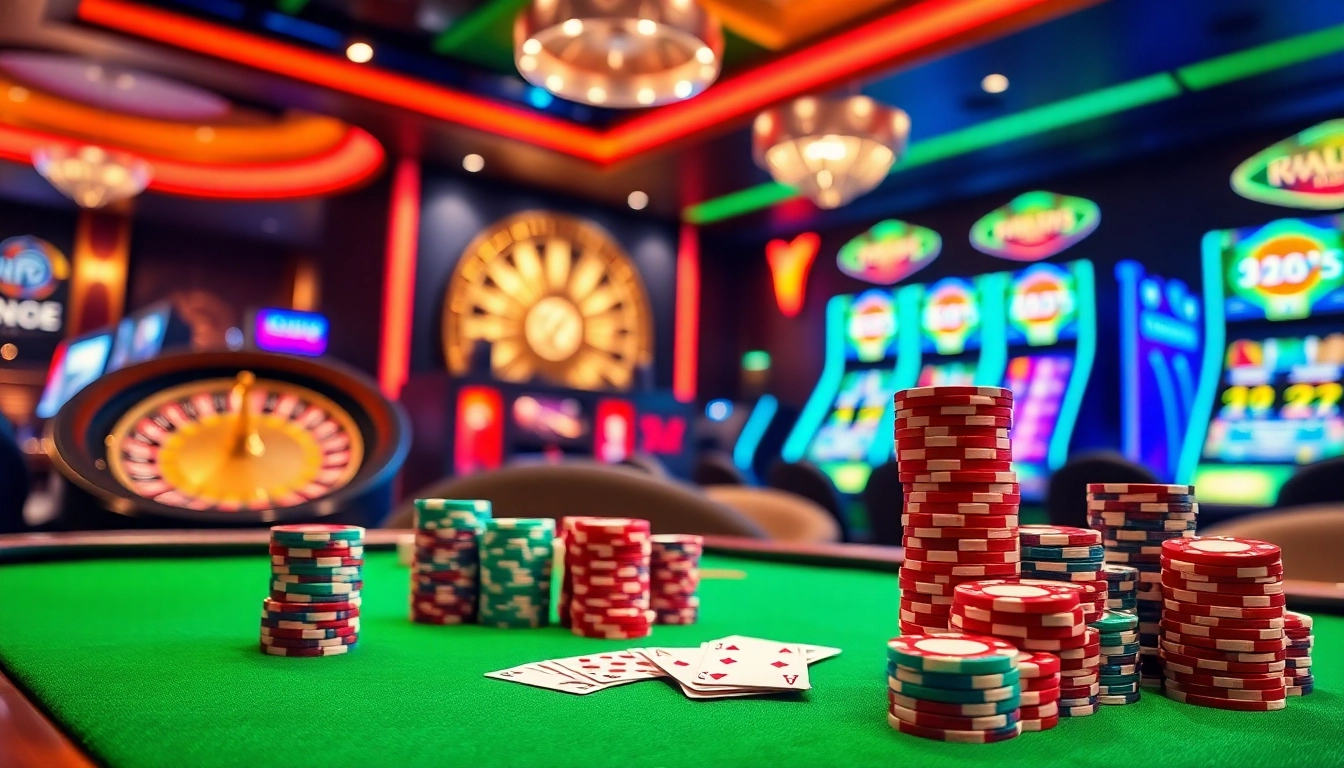 A emoção de jogar K997 em uma mesa de cassino vibrante, com fichas de pôquer e máquinas caça-níqueis.