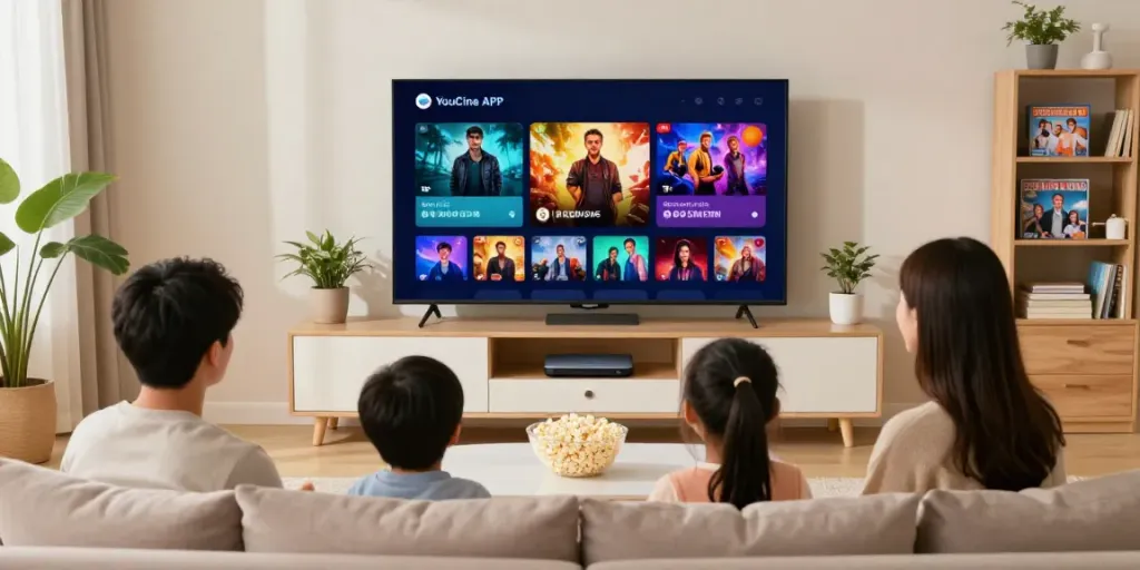 Família assistindo filmes no YouCine TV Box em uma sala confortável, destacando a experiência de streaming em 2026.