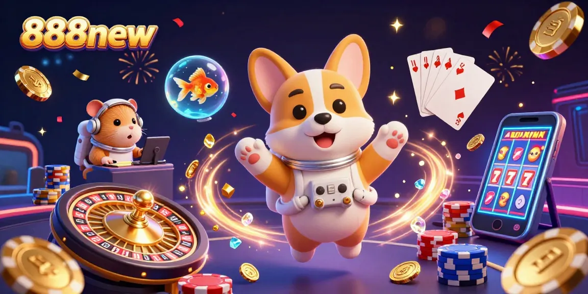 Win big at 888new with exciting games and vibrant casino atmosphere, featuring playful characters.