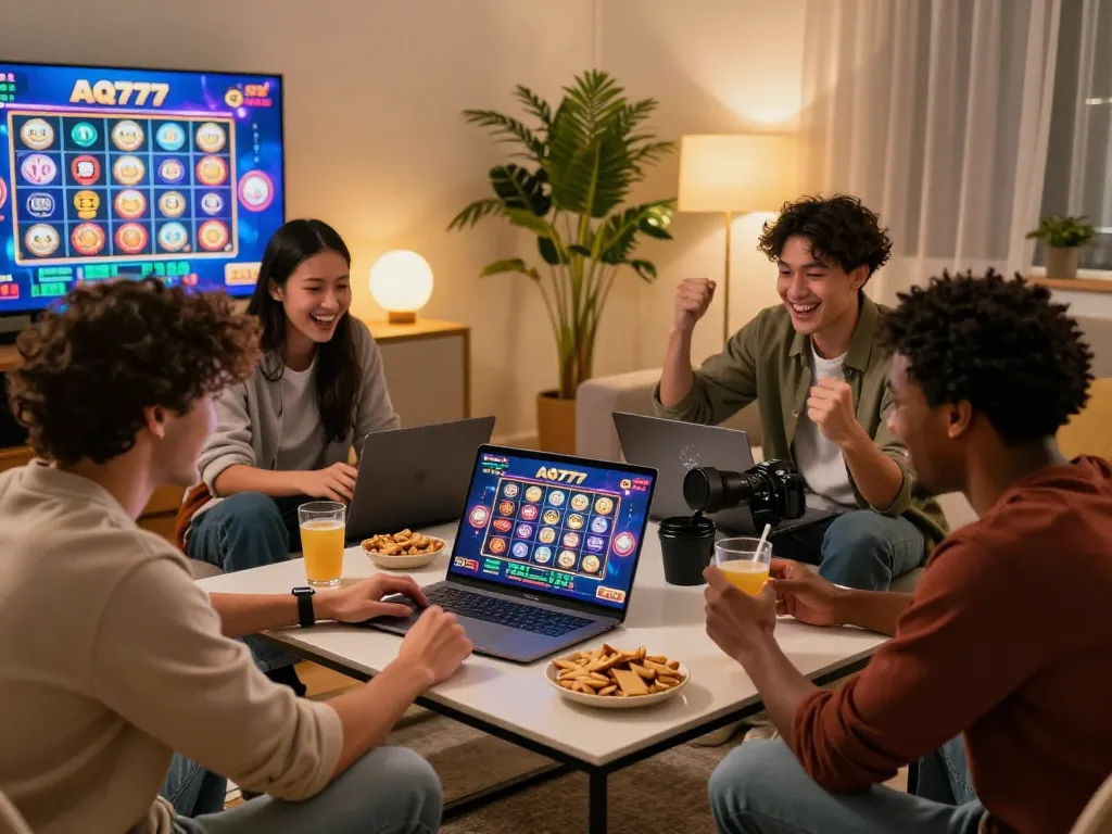Friends enjoying AQ777 online casino games in a cozy living room setting.